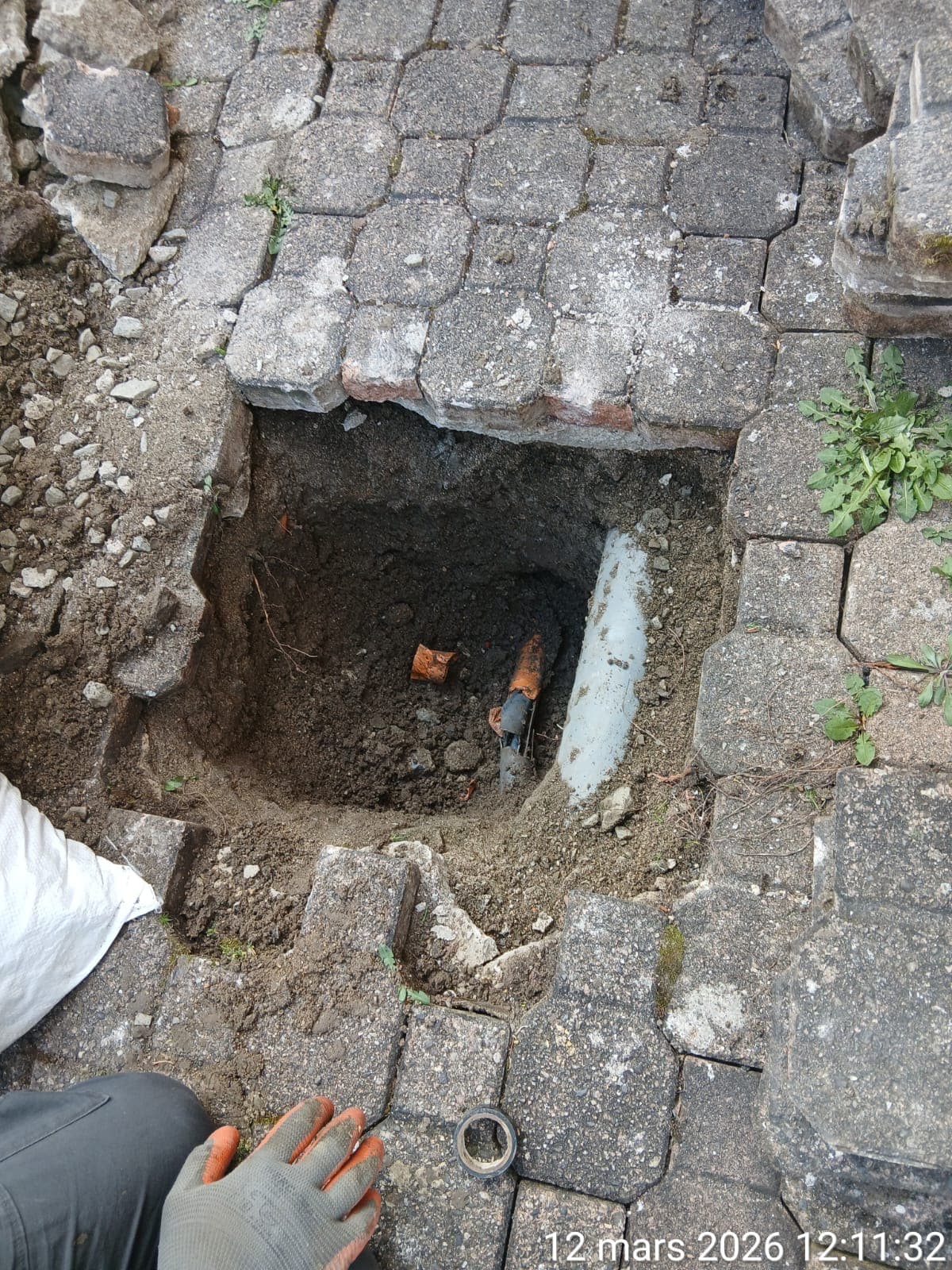 Regard decouvert sous des paves avec cable telecom apparent